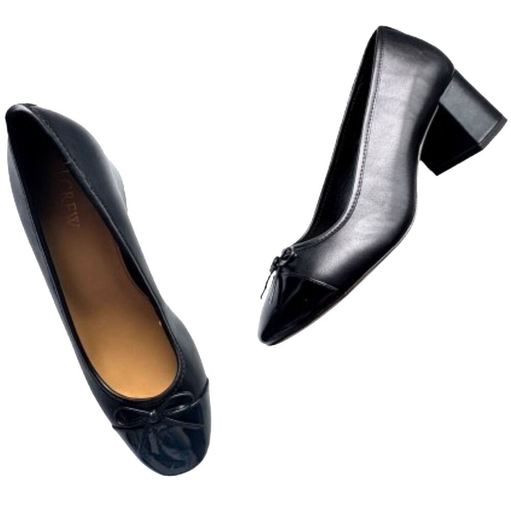 J.Crew Factory Cap-Toe Ballet Pump Faux Leather Block Heel Bow Accent Size 8.5